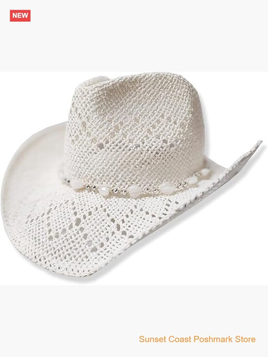 Straw Cowboy Hat with Shapeable Brim and Beaded Hearts Trim main image 4